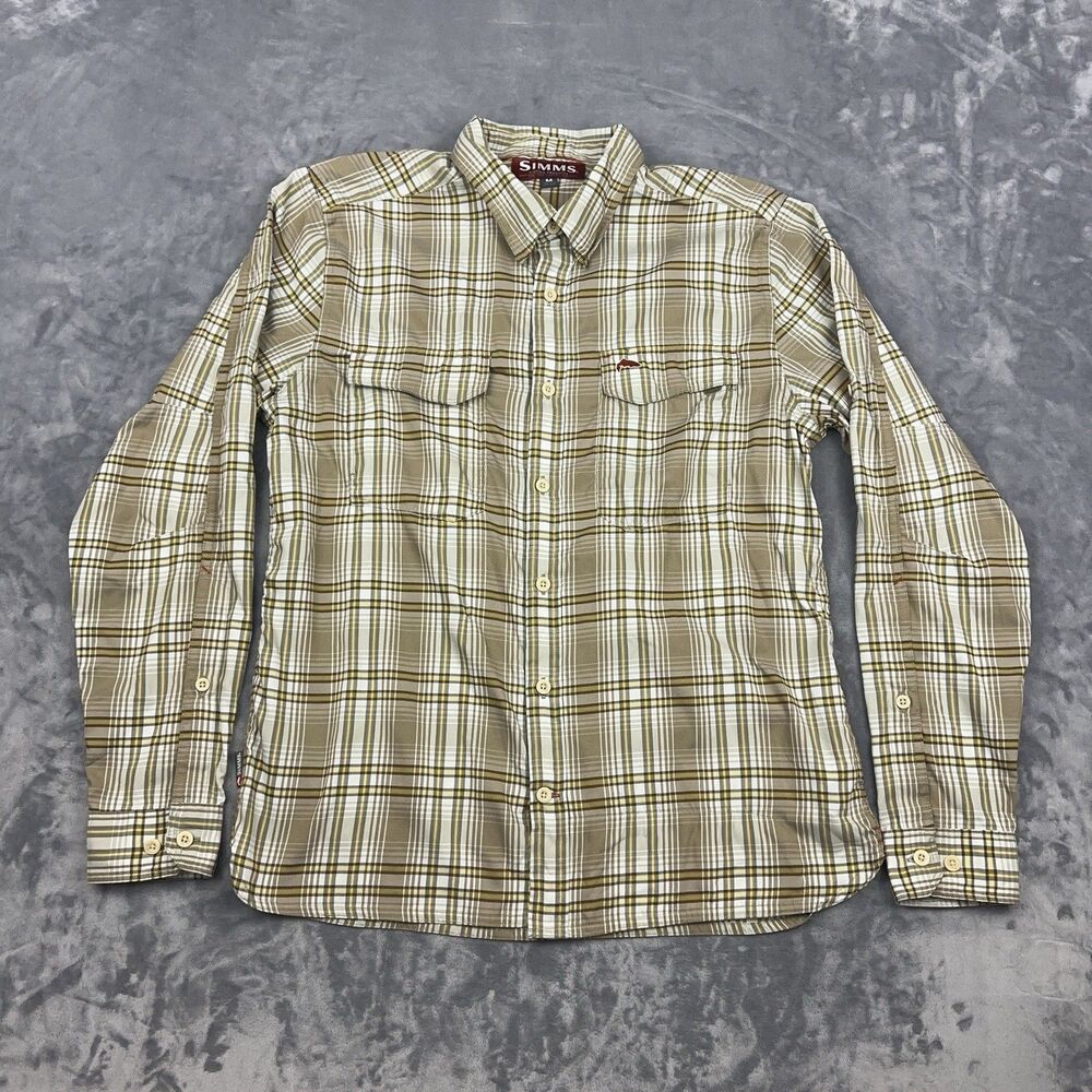 Simms Shirt Men's Size M Tan Plaid Long Sleeve Button Up Roll Tab Sleeve Fishing